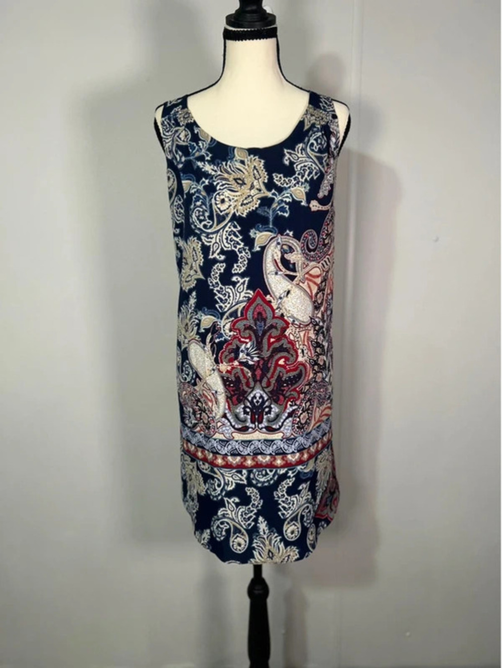 Lila Rose Navy Paisley Sleeveless Shift Dress Size 10 Boho
